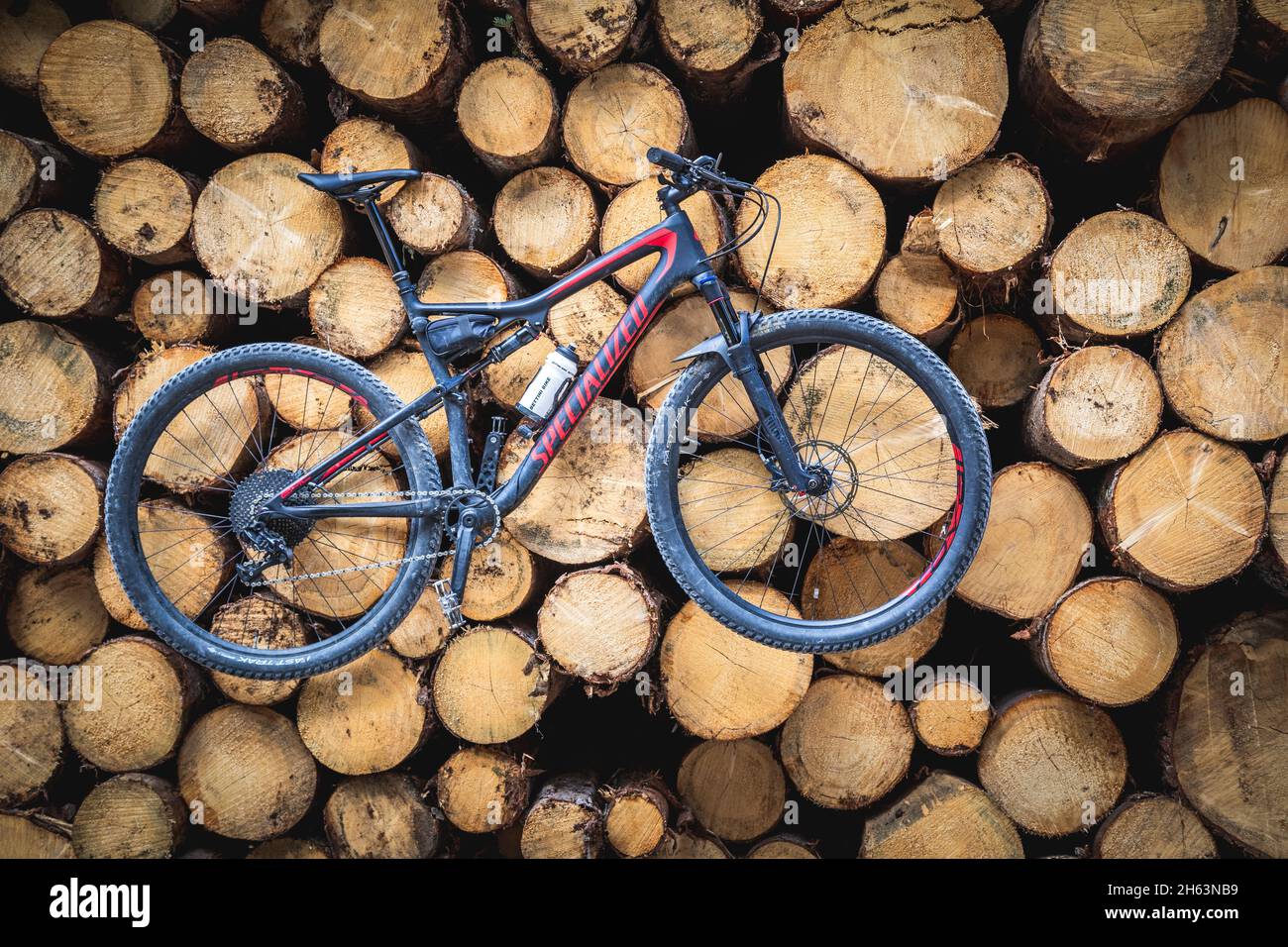 Mountainbike, Seitenansicht, hängt an einem Haufen von Baumstämmen Stockfoto