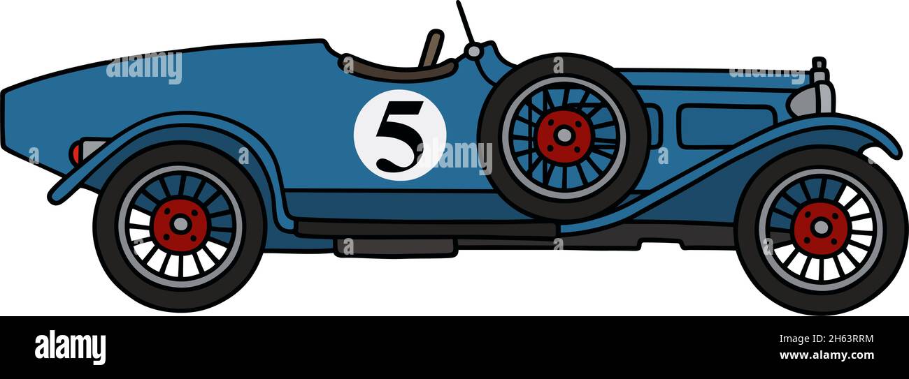 Die gektorisierte Handzeichnung eines lustigen blauen Rennfahrers im Vintage-Stil Stock Vektor