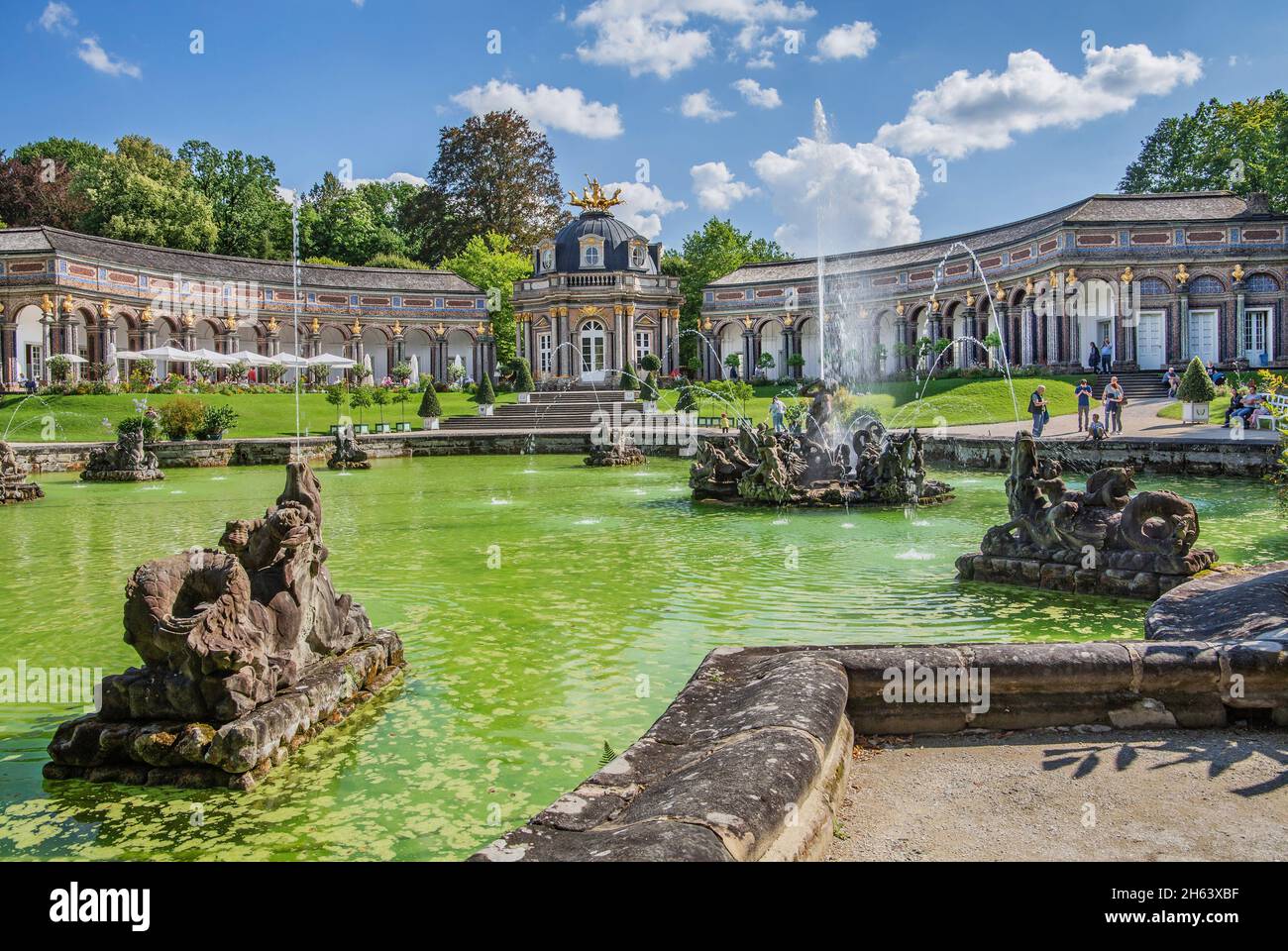 Neuer Palast mit Sonnentempel und Wasserkunst der Einsiedelei, bayreuth, oberfranken, franken, bayern, deutschland Stockfoto