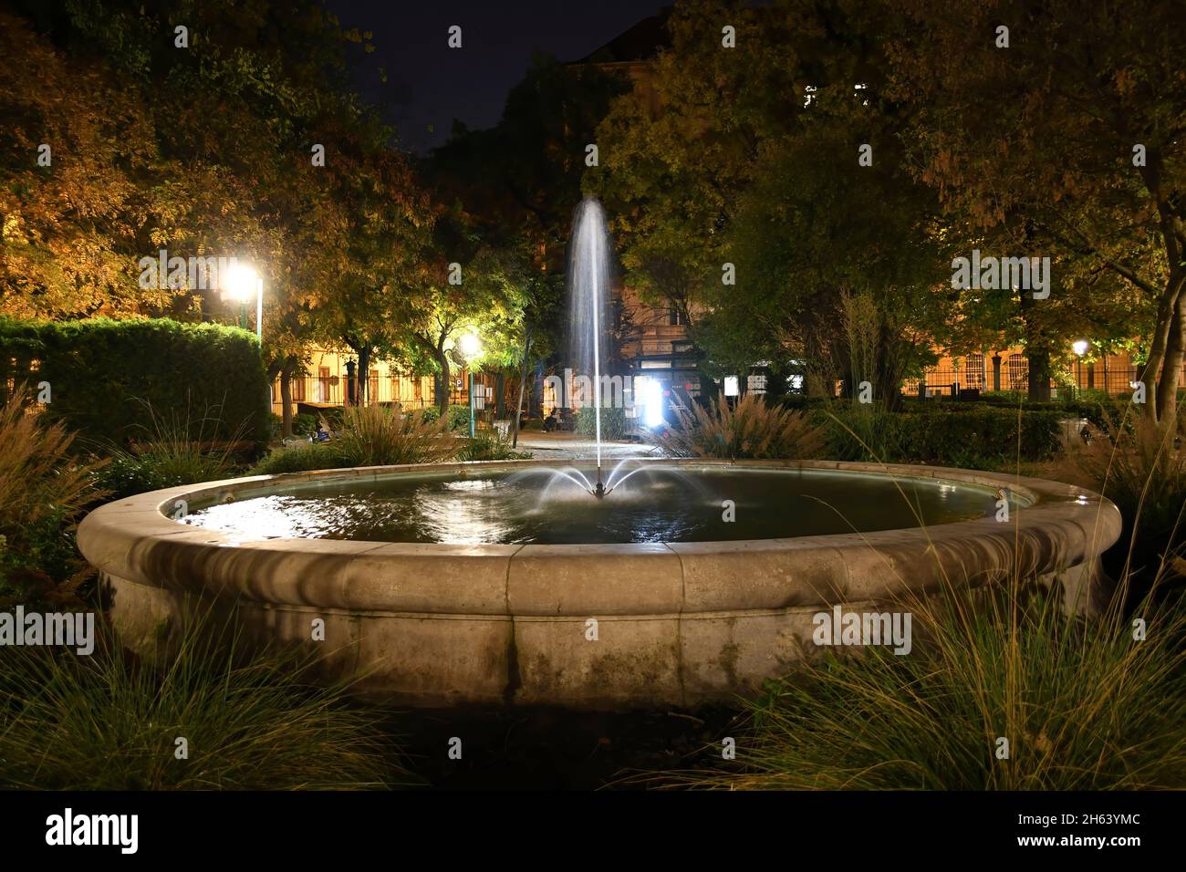 Nachtfoto eines kleinen Brunnens im Park. Stockfoto
