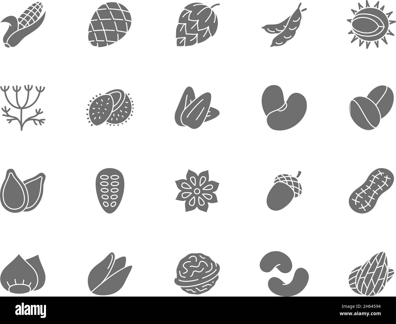 Set mit grauen Symbolen für Nüsse, Samen und Gemüse. Packung mit 48 x 48 Pixel-Symbolen Stock Vektor