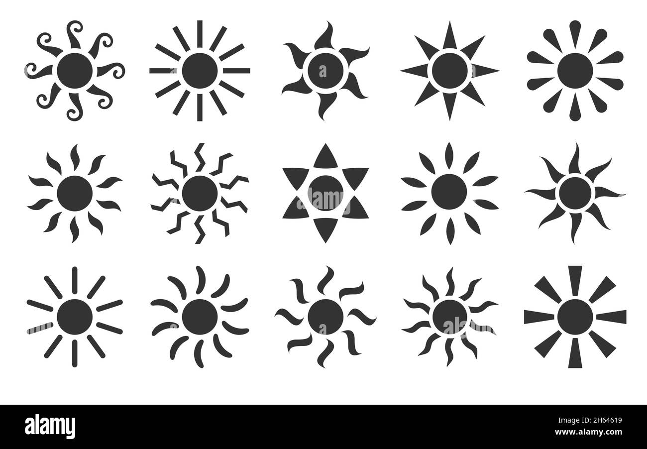 Sonnenstrahlen Stempel Boho Tattoo ethnische schwarze Silhouette gesetzt. Trendy Aufkleber Wetter Symbol stilisiertes Design mystische Dekor Abdeckung Aufkleber soziale Netzwerk Geschichten Collage minimal drucken Ethno isoliert auf weiß Stock Vektor