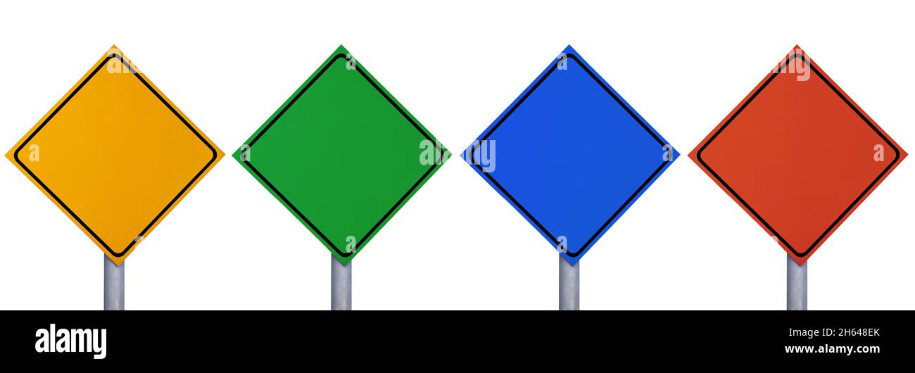 Leere quadratische Verkehrspost Straßenschild Etikett Multi-Farben isoliert auf weißem Hintergrund Stockfoto