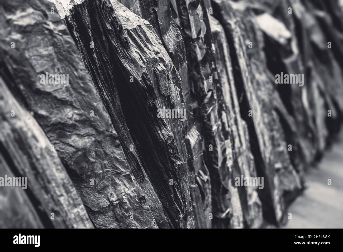 Schiefergestein Natur Stein Nahaufnahme Schicht hohe Detail schwarz und weiß Ton Stockfoto