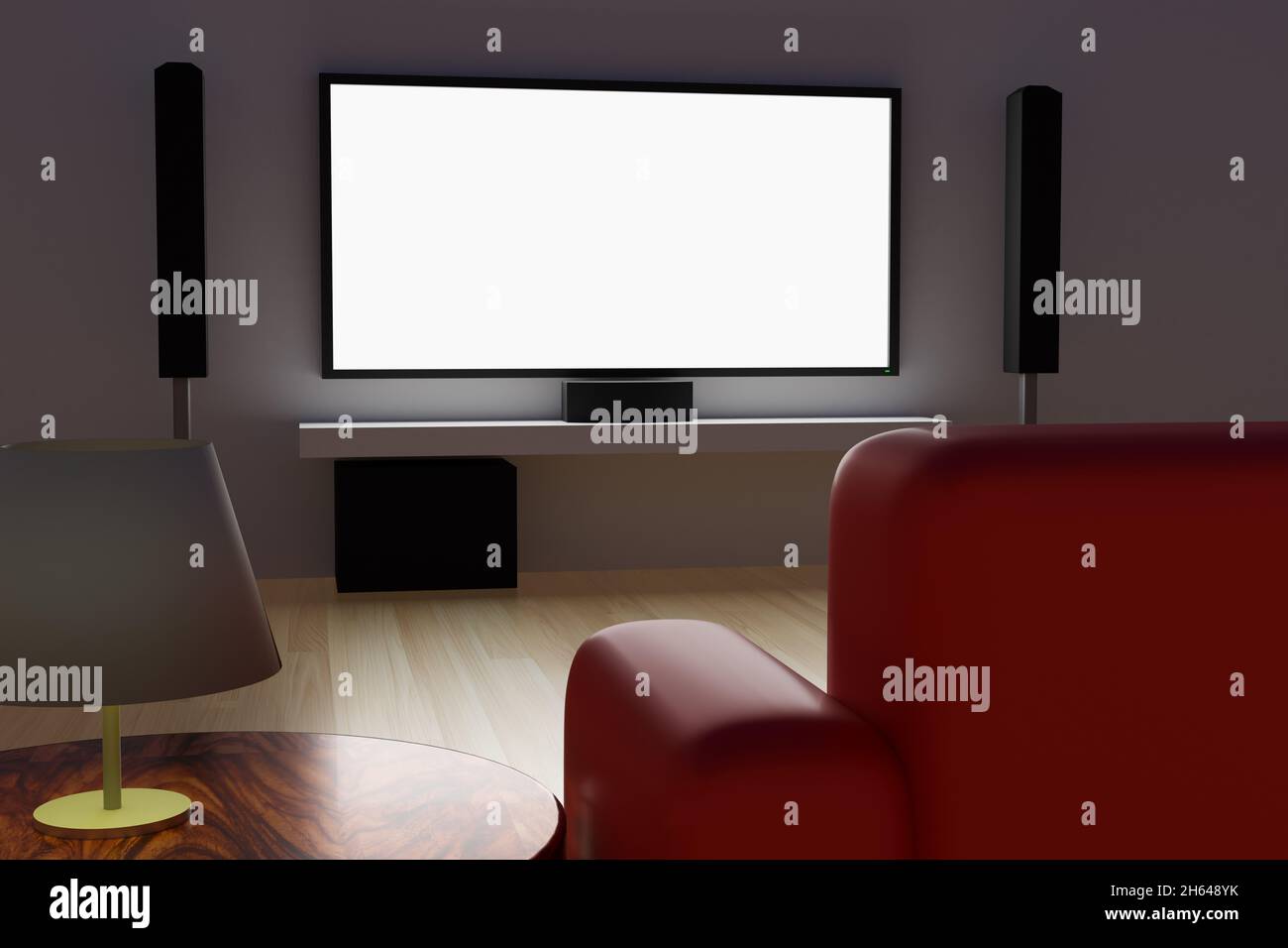 3D Rendering Nacht Theater Zimmer Komfort Sofa leer LCD-TV-Bildschirm für Home-Entertainment-Hintergrund Stockfoto