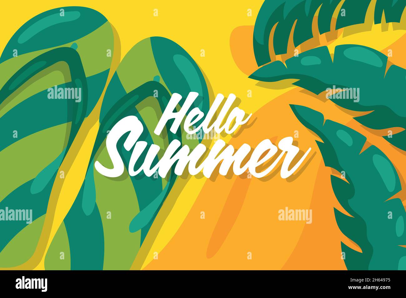 Willkommen Sommer Hintergrund mit grünen Sandalen und Palmen. Stock Vektor