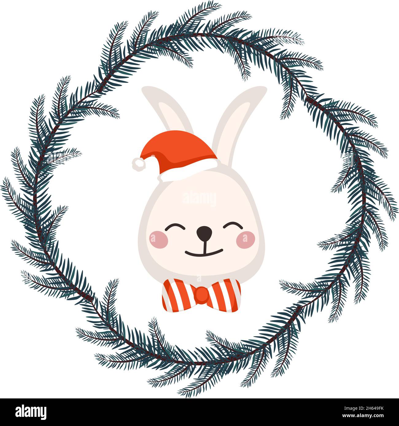 Niedliches weißes Kaninchen oder Hase in Weihnachtsmütze und Schleife in kindlichem Stil mit Rahmen aus festlichem Weihnachtskranz. Lustiges Tier mit glücklichen Gesicht. Dekorationen für Neujahr und Feiertage. Vektorgrafik flach Stock Vektor