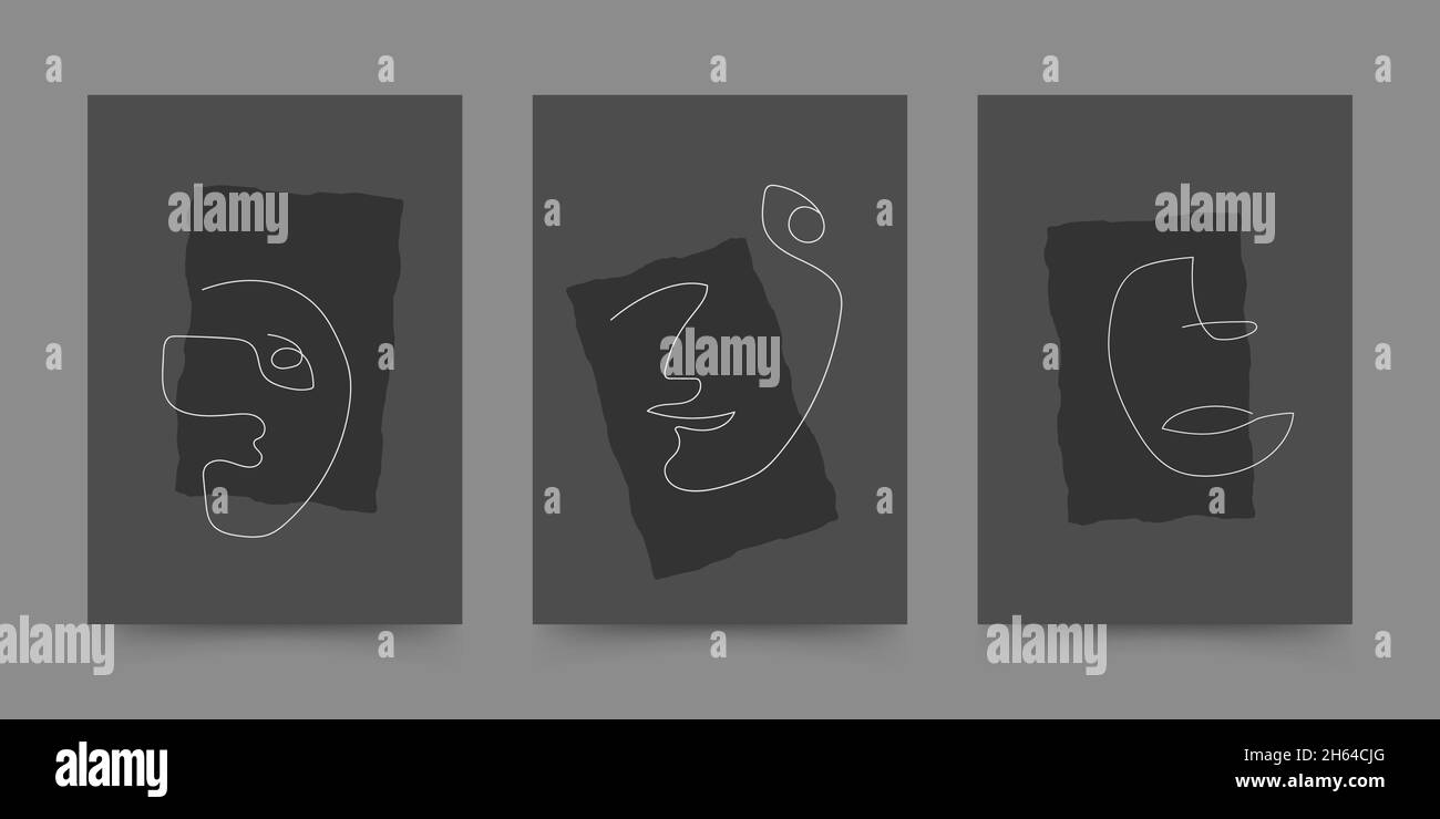 Geometrische Formen mit abstrakten, handgezeichneten Gesichtern im Stil der Mitte des Jahrhunderts. Boho Design für Wanddekoration, Poster, Print, Cover, Tapete. Minimal Stock Vektor