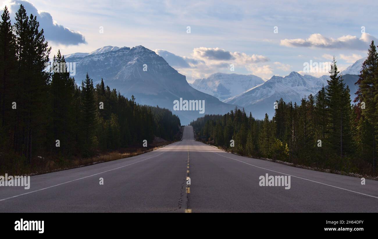 Schöner Blick auf den berühmten Icefields Parkway (Highway 93) im Jasper National Park, Alberta, Kanada in den Rocky Mountains mit abnehmender Perspektive. Stockfoto