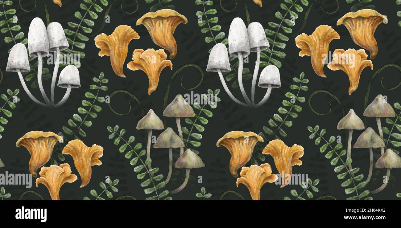 Nahtloses botanisches Muster. Dunkler Waldhintergrund mit Pilzen, Kräutern und Blättern. Abbildung der Handzeichnung. Design für Tapete, Geschenkpapier, Stockfoto