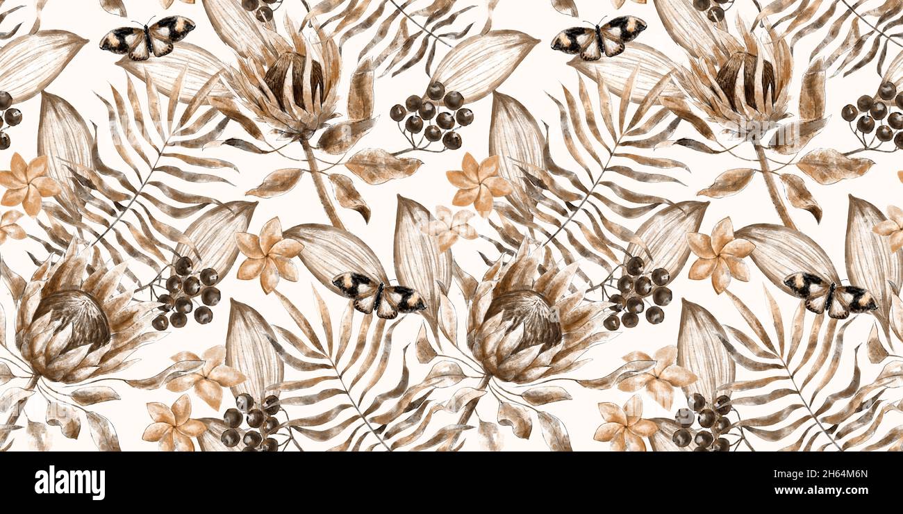 Vintage Aquarell Nahtloses Muster mit protea Blüten in tropischen Blättern. Handgezeichnete monochrome Illustration. Tropischer exotischer Hintergrund Stockfoto