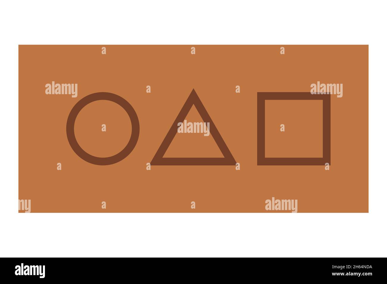 Quadratische, Kreis- und Dreiecksformen auf braunem Hintergrund als Einladungskarte. Squid Game-Attribute. Stock Vektor