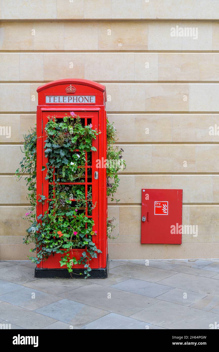 Alte rote britische Telefonbox mit fantasievoller Pflanzenpracht, um im Stadtzentrum von Bath, Somerset, eine einzigartige Stadtlandschaft zu schaffen. Stockfoto