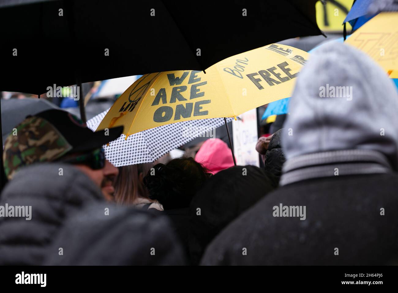 Melbourne, Australien. 13. November 2021. Demonstranten benutzen ihre Regenschirme als Freiheitsplatten während eines Protestes gegen die Regierung von Andrew vor den Schritten des State Parliament in Melbourne. Tausende von Demonstranten mussten den Regen ertragen, um gegen die Impfstoffmandate sowie gegen das drakonische Pandemie-Gesetz der Regierung Andrews zu kämpfen. Kredit: Dave Hewison/Speed Media/Alamy Live Nachrichten Stockfoto