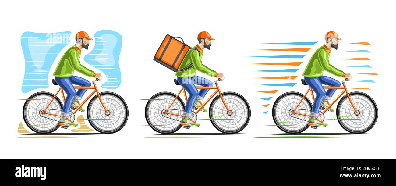 Vektor-Set von Fahrrädern mit Kurier, Sammlung von 3 ausgeschnittenen Illustrationen Männer, die auf dem Fahrrad fahren, tragen grüne Jacke und orangefarbene Kappe auf weißem Hintergrund Stock Vektor