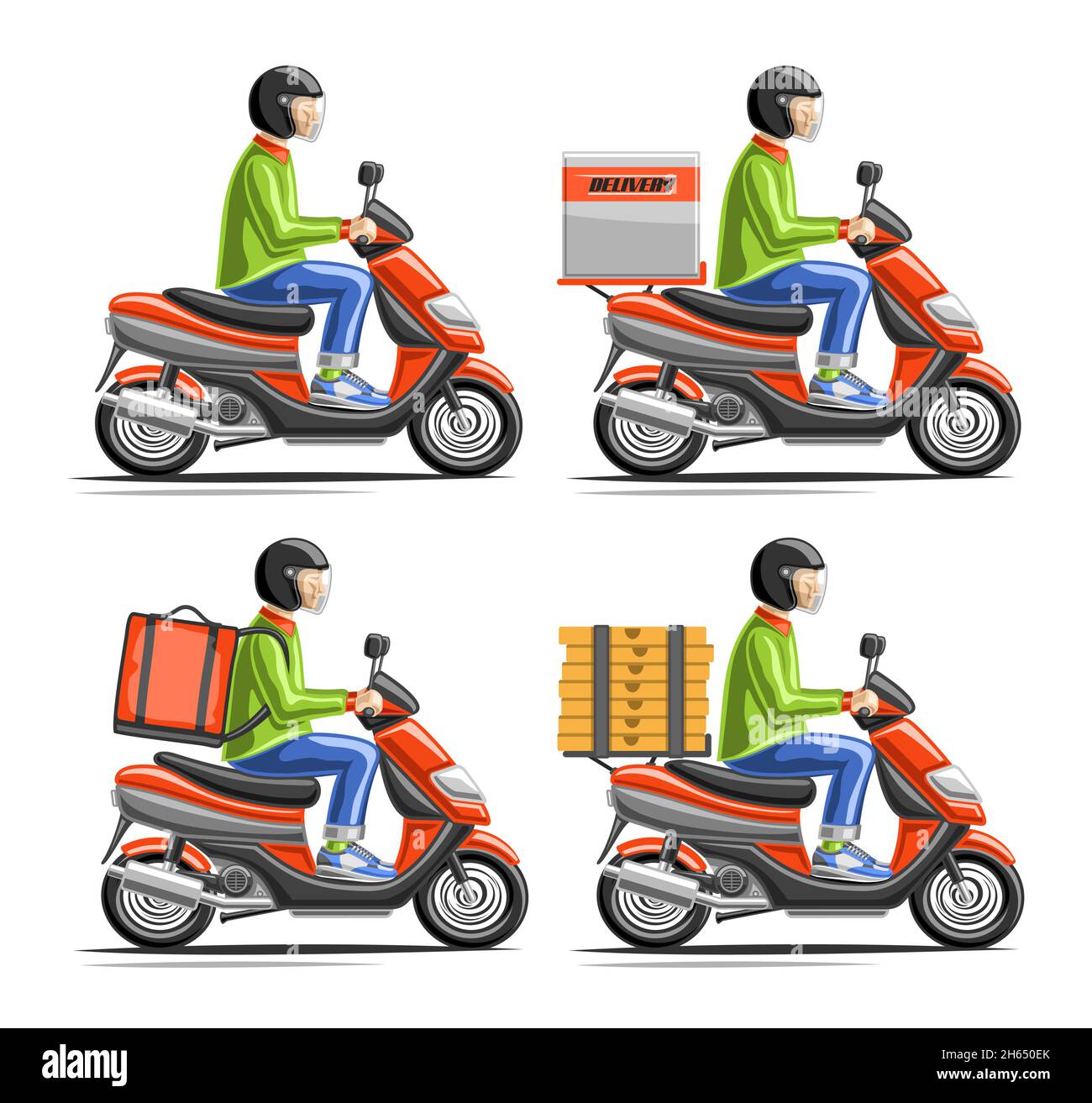 Vector Satz von Lieferung Scooter mit Kurier, Sammlung von 4 ausgeschnittenen Illustrationen roten Motorroller mit Vielfalt Kuriere auf weißem Hintergrund. Stock Vektor