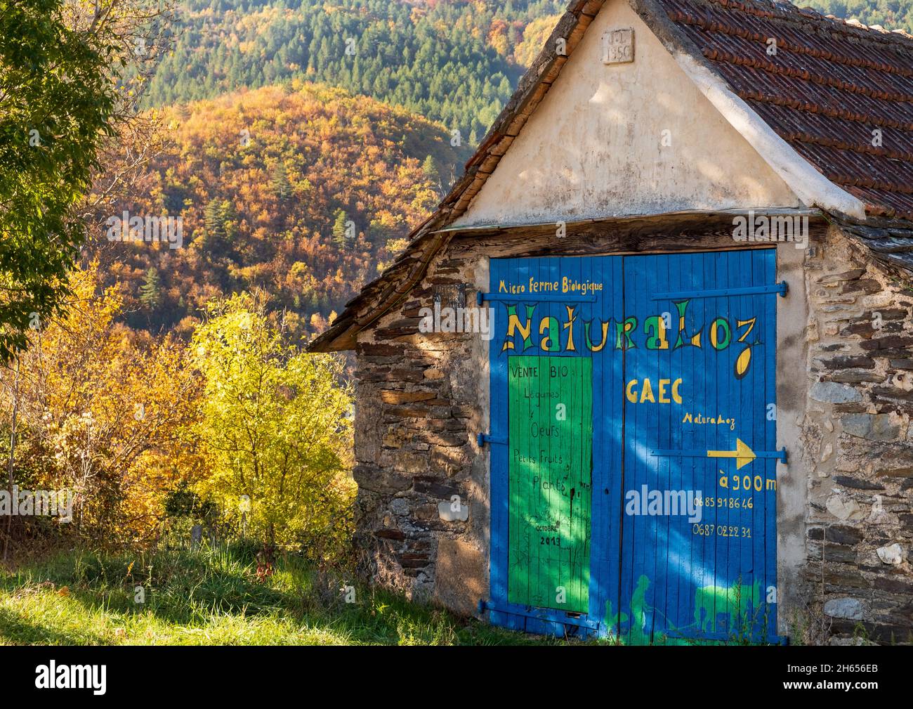 Attraktive handbemalte Stalltüren auf einem Steingebäude in der Tarn-Schlucht, die einen lokalen Bauernladen anwerben Stockfoto