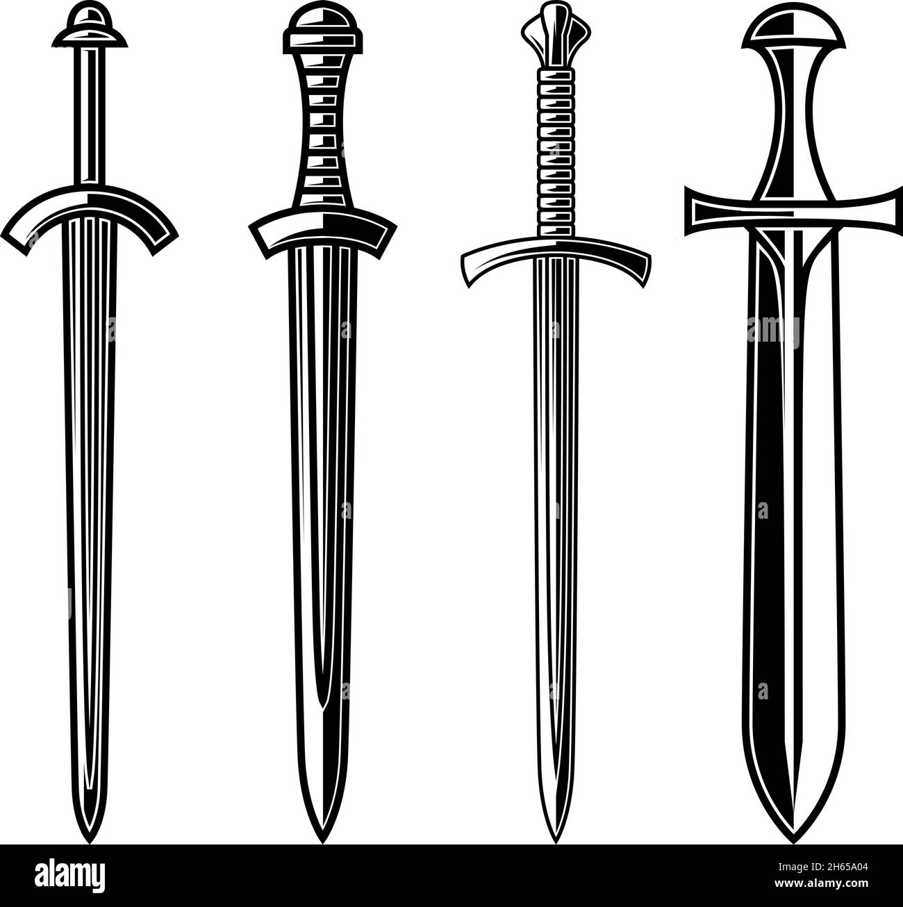 Satz von Illustrationen mittelalterlicher Schwerter. Designelement für Logo, Etikett, Schild, Emblem, Banner. Vektorgrafik Stock Vektor