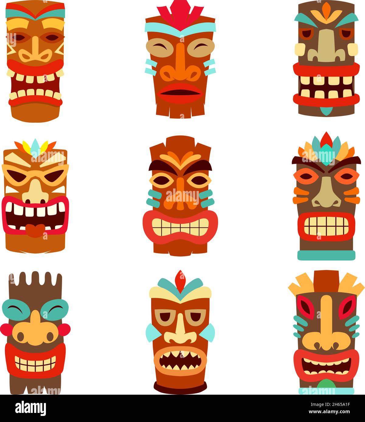Set von Tiki-Statuen im Cartoon-Stil. Designelement für Logo, Etikett, Schild, Emblem. Vektorgrafik Stock Vektor