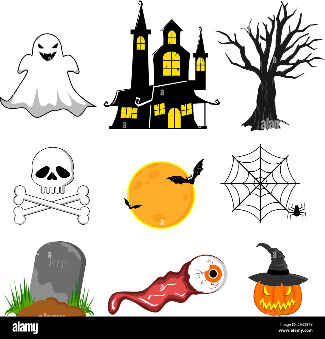 Set von halloween-Symbol und Charakter. Vektorgrafik. Isoliert auf weißem Hintergrund Stock Vektor
