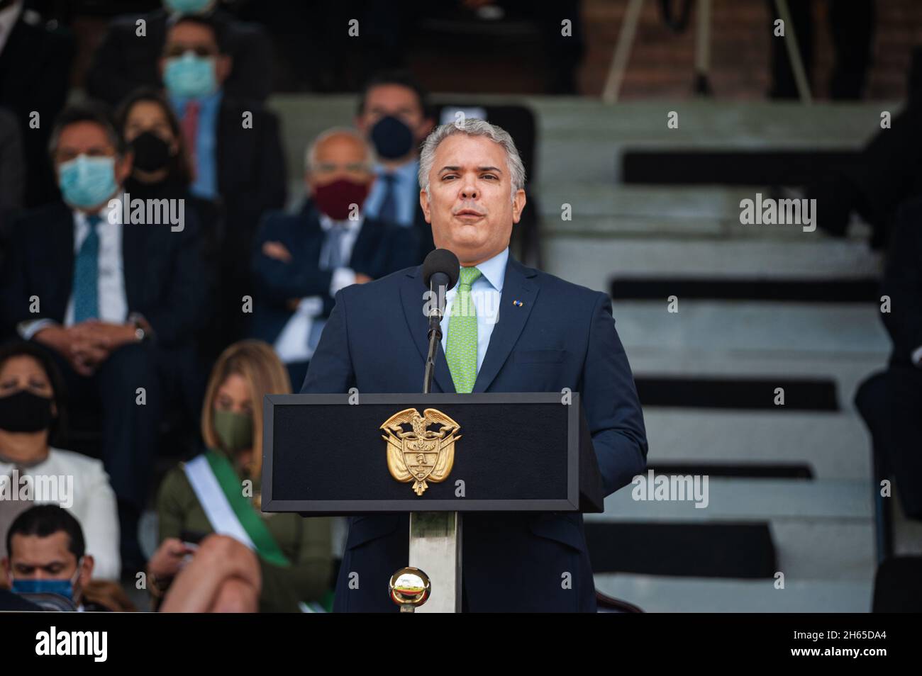 Der kolumbianische Präsident Ivan Duque Marquez hält eine Rede während einer Veranstaltung, bei der der kolumbianische Präsident Ivan Duque Marquez und der kolumbianische Verteidigungsminister eine Rede hielten Stockfoto