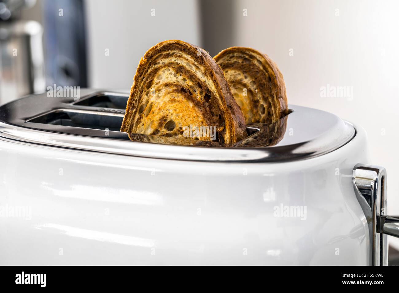 Marmorne Roggen-Toast in einem aufklappten Toaster, Nahaufnahme. Stockfoto