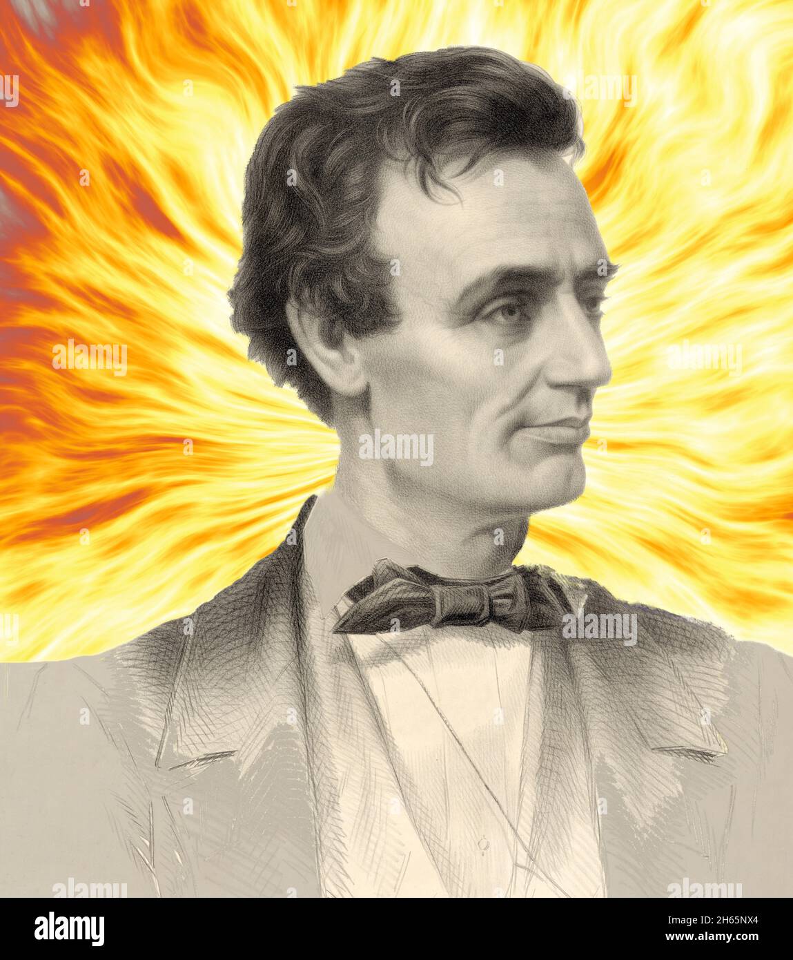 Gemischtes Medienportrait eines jungen Abraham Lincoln vor feurigem Hintergrund Stockfoto