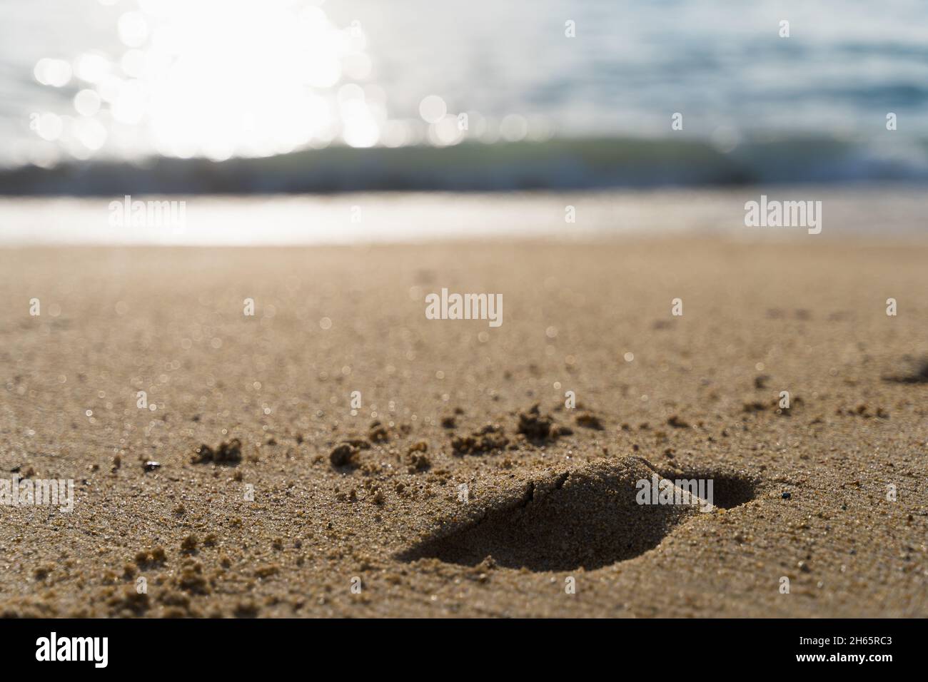 Fußtritt an der Sandküste bei Sonnenuntergang mit Sonneneinstrahlung auf das Meerwasser. Suchkonzept verfolgen Stockfoto