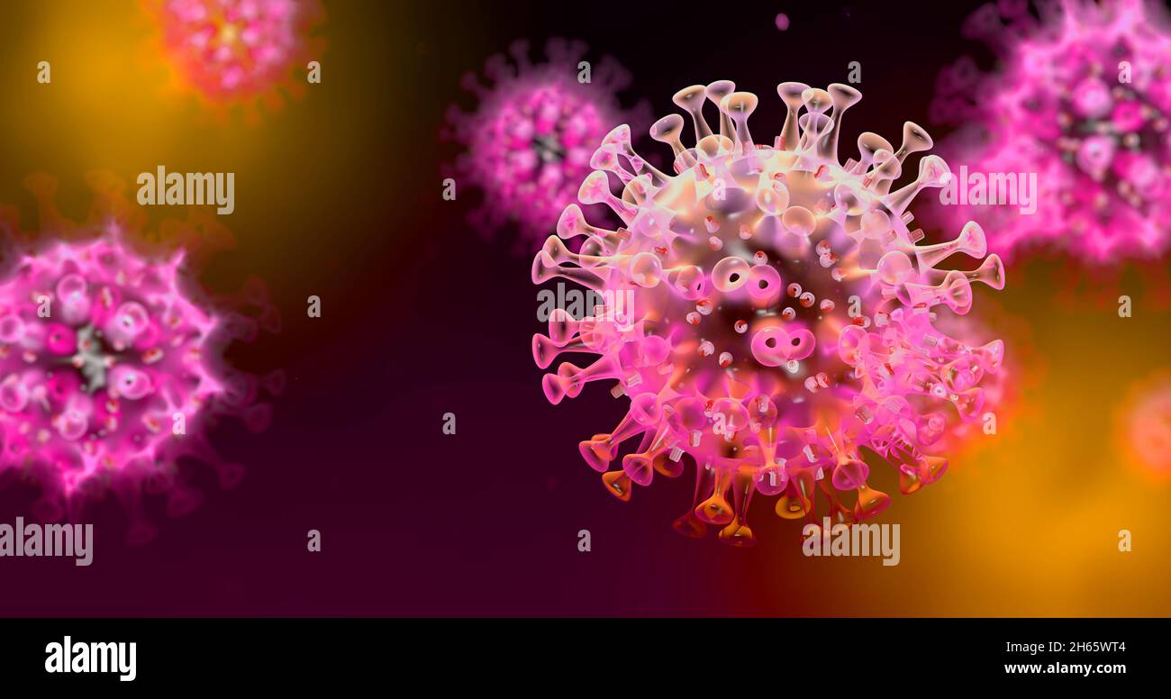 3D-Illustration mit Coronavirus auf blauem Hintergrund Stockfoto