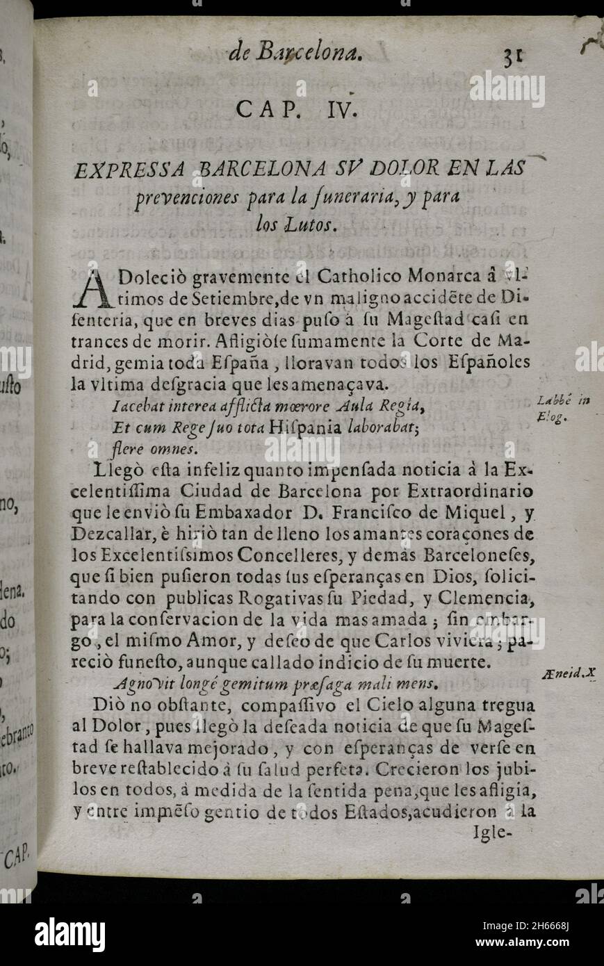 Tod von Karl II. Von Spanien (1661-1700). Offizielle Trauertage in der Stadt Barcelona. Tränen der Liebe, vergossen von der bedeutenden Stadt Barcelona... in den großartigen Trauerritualen, die der geliebten und verehrten Erinnerung an ihren verstorbenen König und Herrn Don Carlos II.… gewidmet sind ('Lagrimas amantes de la excelentissima ciudad de Barcelona, con que agradecida a las reales finezas y beneficios, demuestra su amor y su dolor, en las magnificas exequias que celebró a las amadas y venerables memorias de su difunto Rey y Señor, D. Carlos II'). Von Josep Rocaberti. Edition in Barcelona, im Druck von Stockfoto