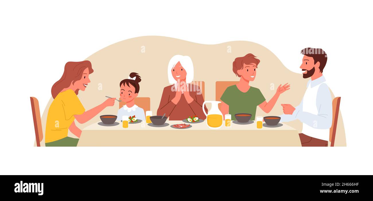 Cartoon-Mutter füttert kleine Tochter, Vater, Sohn, Großmutter sitzen am Esstisch und essen isoliert auf weiß. Happy Family Time Konzept Stock Vektor