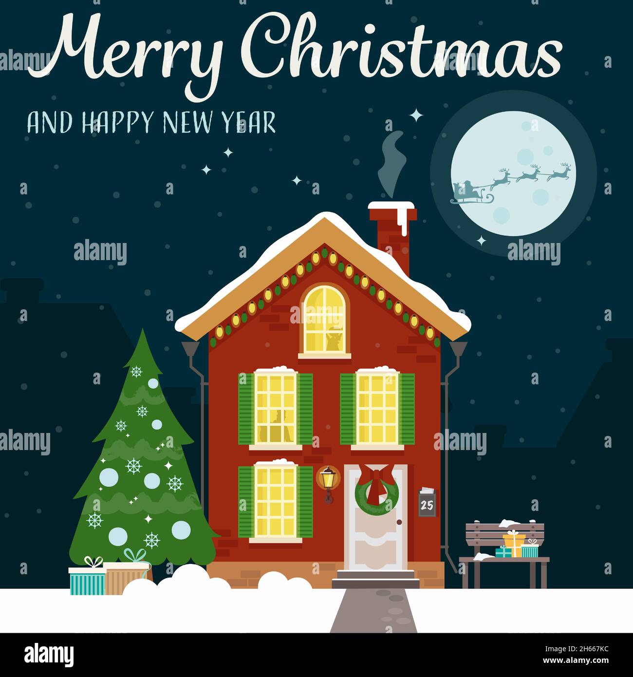 Ein schönes Haus für den Urlaub mit einem Weihnachtsbaum, einer Bank und Geschenken dekoriert. Grußkarte. Vektorgrafik im flachen Stil. Stock Vektor