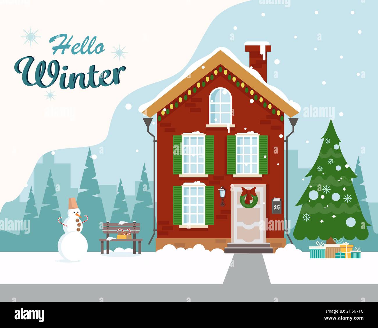 Ein schönes Haus für den Urlaub mit einem Weihnachtsbaum, einer Bank, einem Schneemann und Geschenken dekoriert. Grußkarte. Hallo Winter. Vektorgrafik in f Stock Vektor