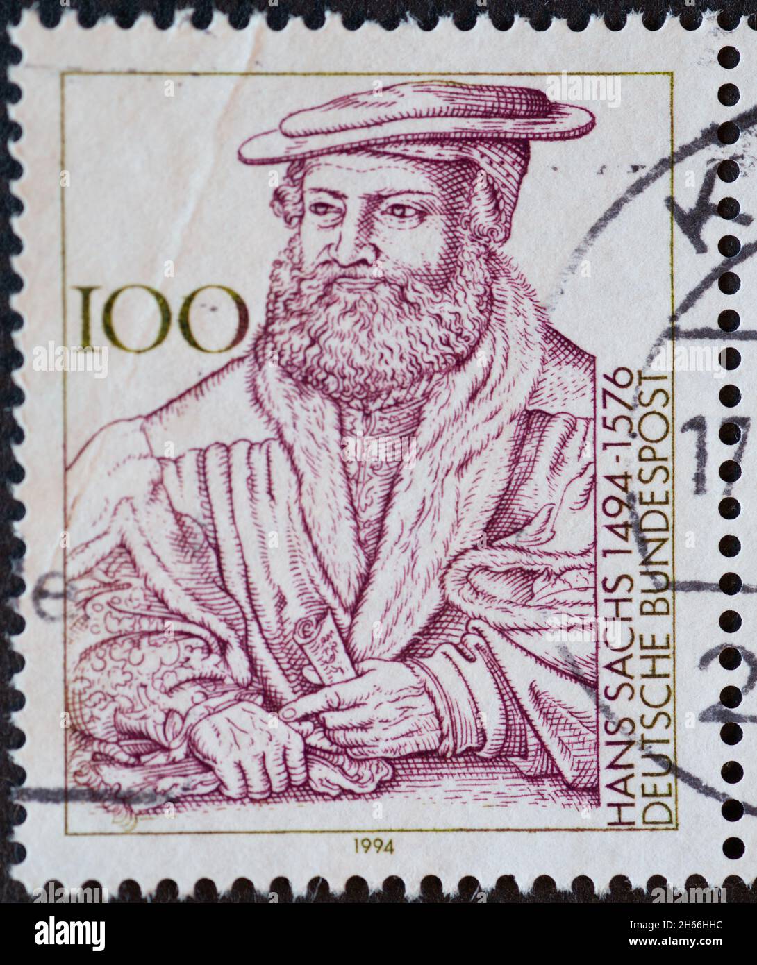 DEUTSCHLAND - UM 1994 : eine Briefmarke aus Deutschland, zeigt ein Porträt des Nürnberger Schuhmachers, Dichters, Sängers und Dramatikers Hans Sachs (149 Stockfoto