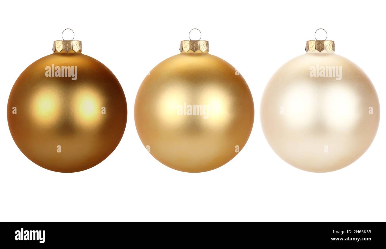 Weihnachtskugeln auf weißem Hintergrund isoliert. Frohes neues Jahr Kugeln Bomben Glühbirnen bunte Dekoration. Goldene Glaskugeln. Poster, Banner, Broschüre Stockfoto