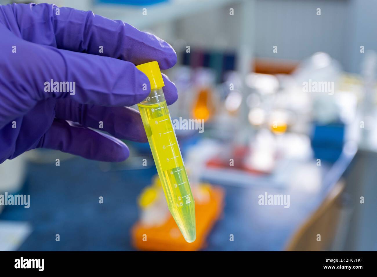 Ein Reagenzglas mit einer glühenden grünen Flüssigkeit in der Hand eines Wissenschaftlers im Hintergrund des Labors. Synthese einer neuen Substanz im Labor Stockfoto