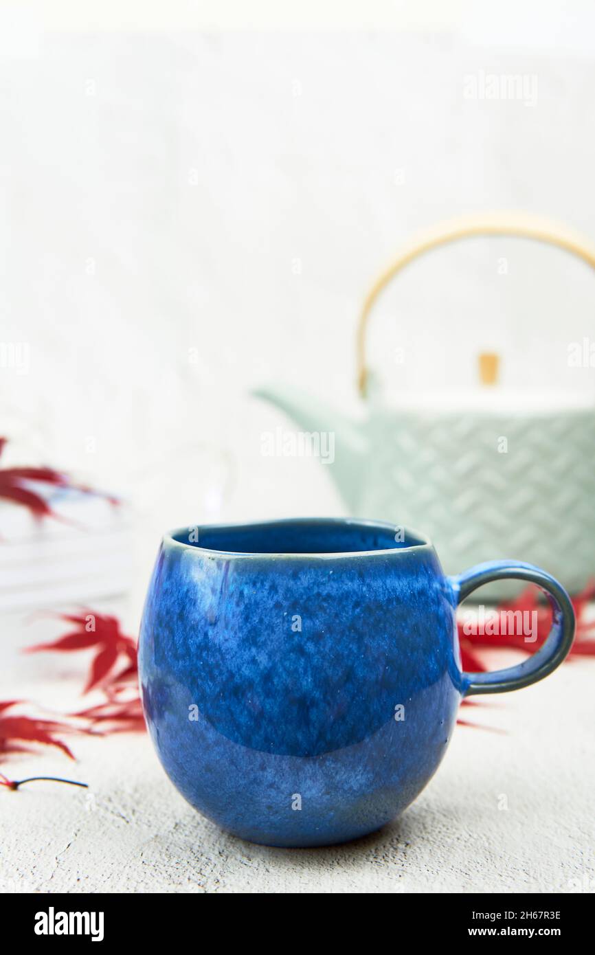 Hellblauer Becher mit grünem Teebecher, roten Ahornblättern und Büchern auf weißem Hintergrund. Textbereich. Stockfoto