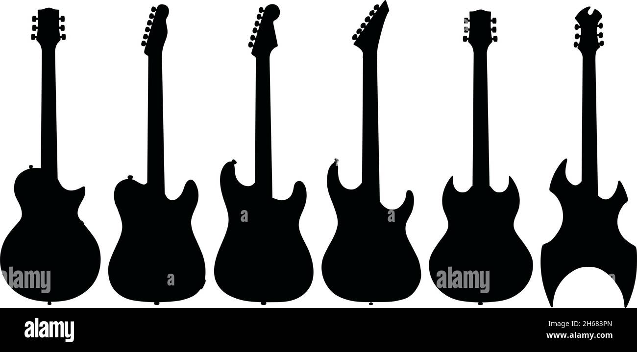 Die schwarzen Silhouetten von sechs E-Gitarren Stock Vektor