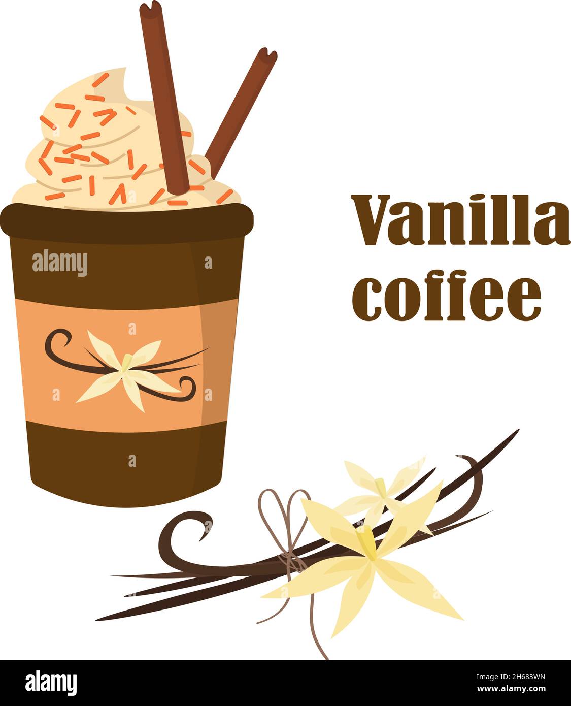 Kaffee und Vanille. Karte mit Pappbecher und Vanilleblume. Stock Vektor