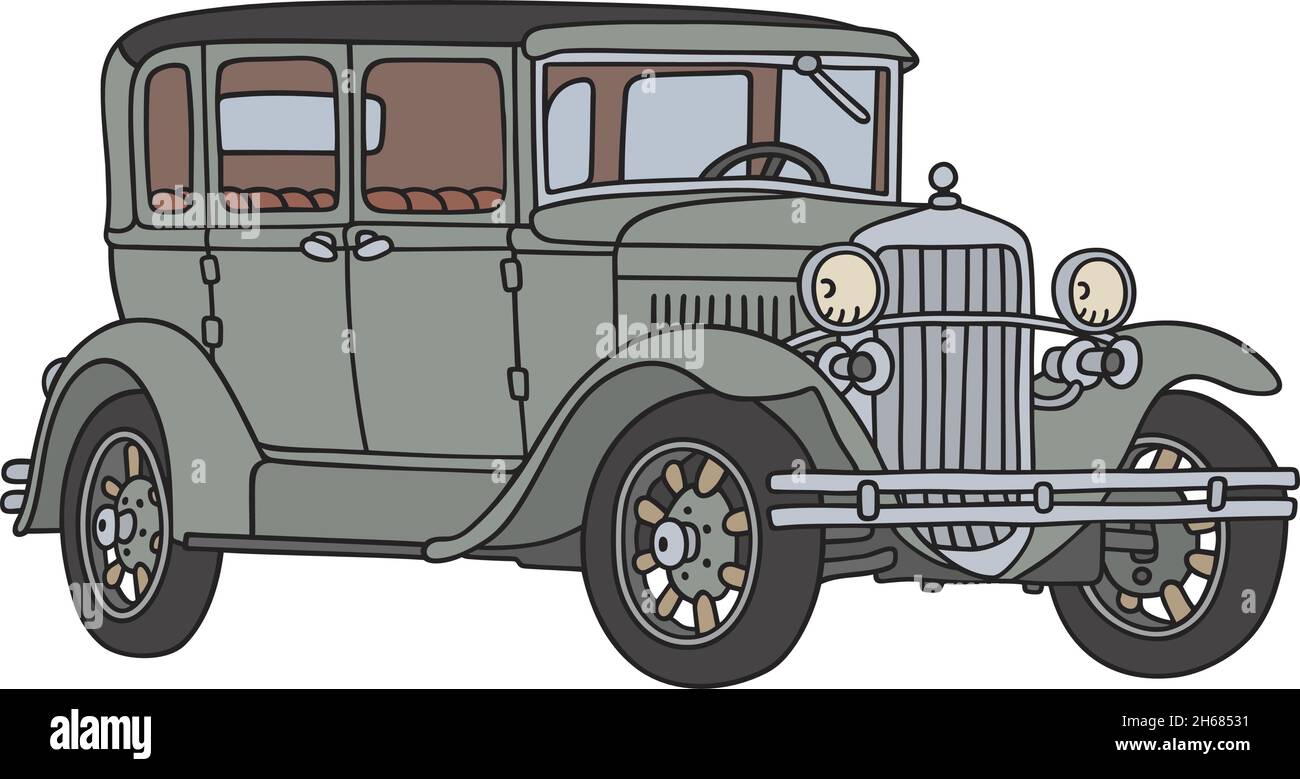 Die vektorisierte Handzeichnung einer alten grauen Limousine Stock Vektor