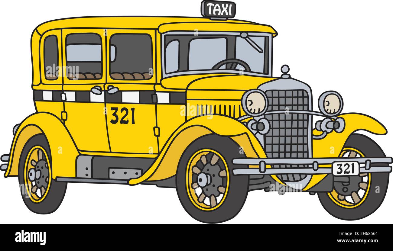 Die vektorisierte Handzeichnung eines alten gelben Taxis Stock Vektor