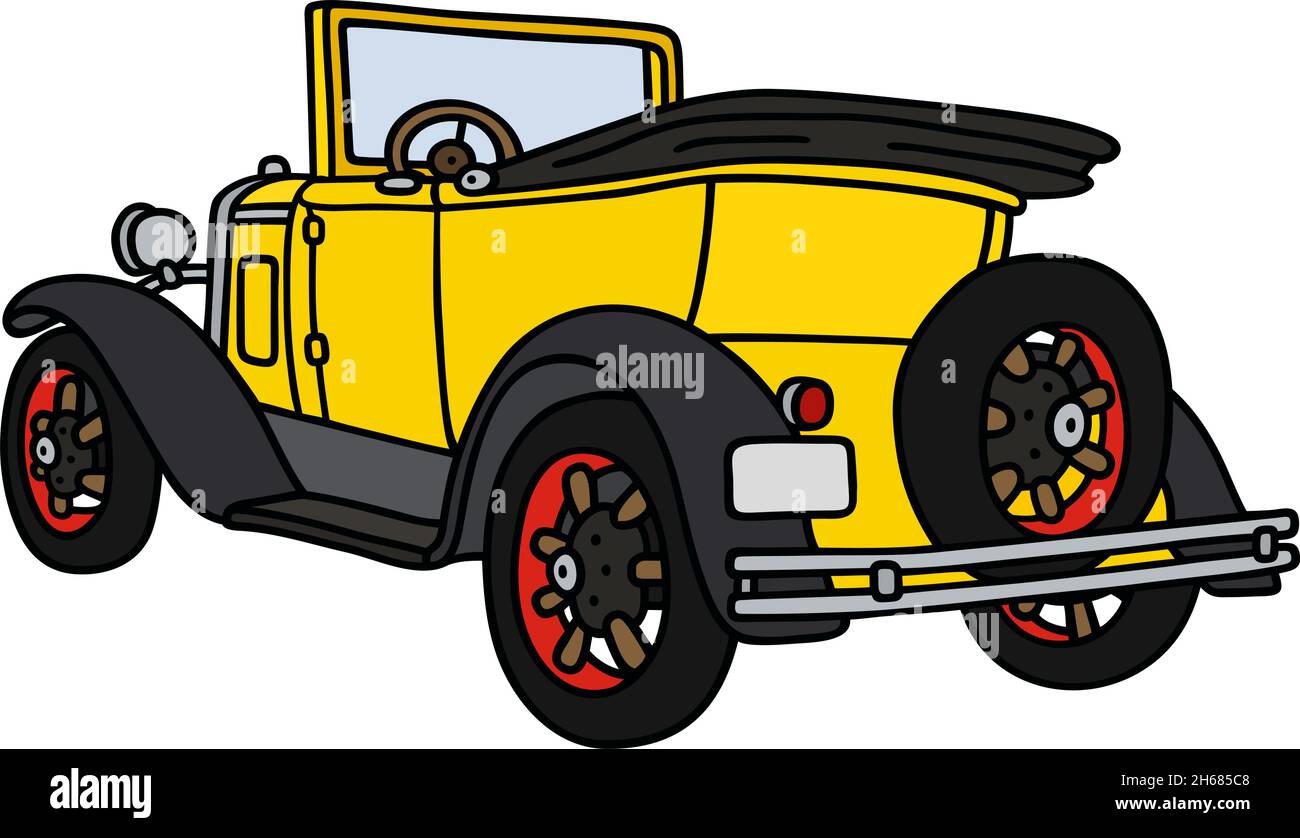 Die vektorisierte Handzeichnung eines gelben Cabriolets im Vintage-Stil Stock Vektor