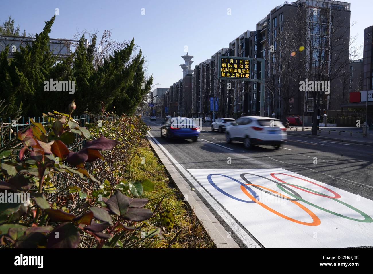 Peking, China. November 2021. Das am 14. November 2021 aufgenommene Foto zeigt eine markierte Straße in der Nähe des Olympiaparks in Peking, der Hauptstadt Chinas. Hier wurde am 12. November die erste für die ausschließliche Nutzung durch Beijing 2022-Teilnehmer reservierte Fahrspur eingerichtet. Quelle: Ju Huanzong/Xinhua/Alamy Live News Stockfoto