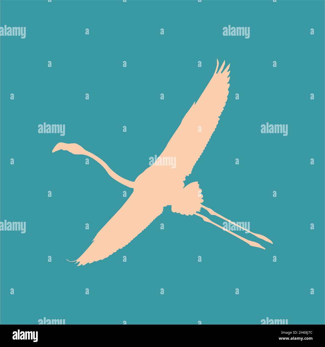 Urkomisch Flamingo fliegen isoliert auf grünem Hintergrund, minimalistisches Konzept und Tierposter. Ästhetisches Poster mit Kontrastfarbe. Grafik für Druck, wa Stockfoto