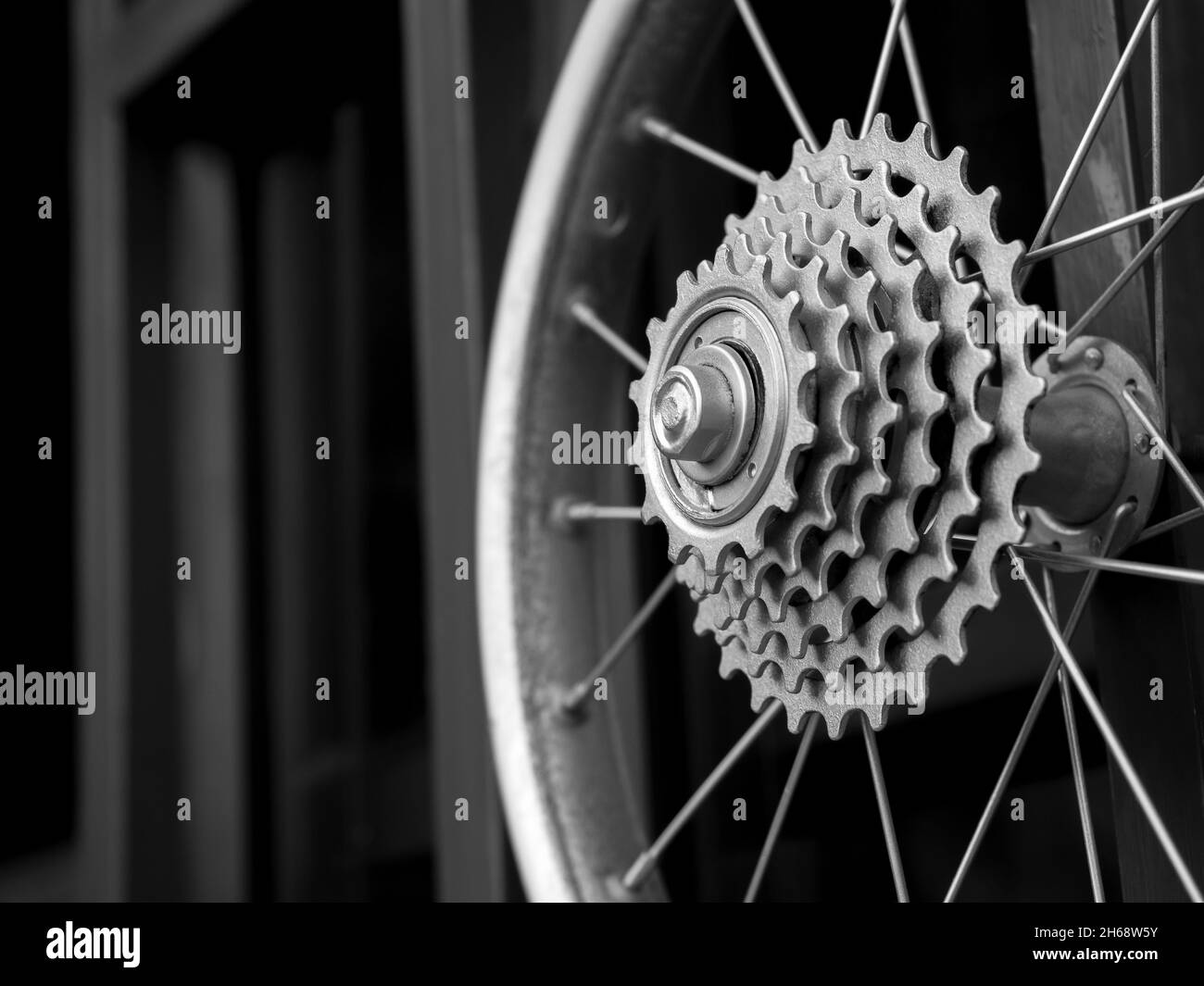 Fahrradgetriebe, Zahnrad aus Metall. Nahaufnahme von Fahrradausrüstung ohne Kette am Rad, die an der Wand mit Kopierraum verziert ist. Stockfoto