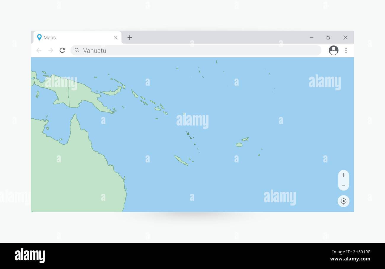 Browserfenster mit Karte von Vanuatu, Suche nach Vanuatu im Internet. Moderne Browserfenster-Vorlage. Stock Vektor