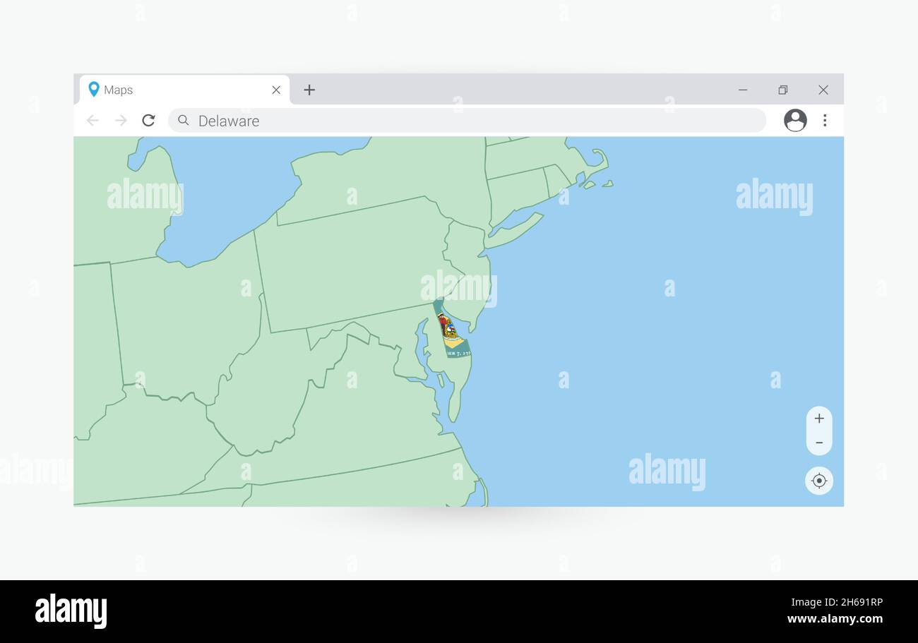 Browser-Fenster mit Karte von Delaware, Suche Delaware im Internet. Moderne Browserfenster-Vorlage. Stock Vektor