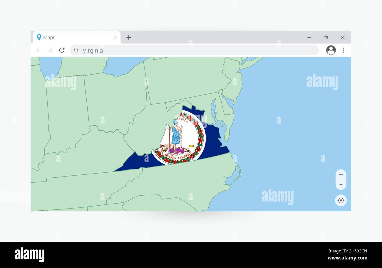 Browser-Fenster mit Karte von Virginia, Suche Virginia im Internet. Moderne Browserfenster-Vorlage. Stock Vektor