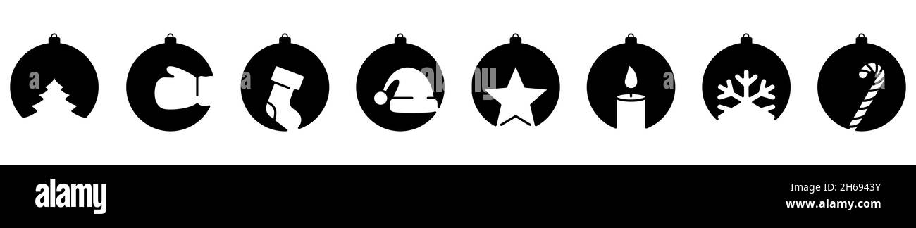 Weihnachtskugel-Ikone. Set von abstrakten weihnachtskugeln. Vektorgrafik. Schwarzes weihnachtskugelschild. Weihnachtsdekoration Stock Vektor