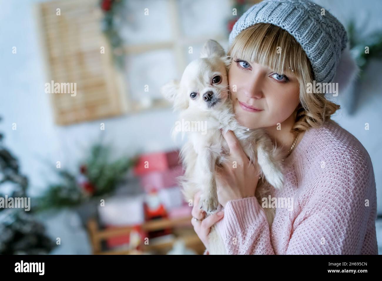 Eine 25-30-jährige Frau in einer Mütze und einem rosa Pullover mit einem Haustier Chihuahua. Stockfoto